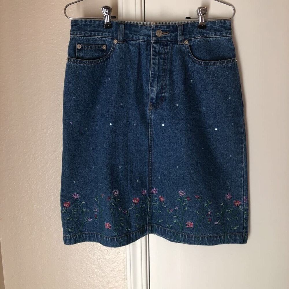 Tommy Hilfiger Womens Jean Skirt Blue Floral Above Knee Pockets Embroidered 6